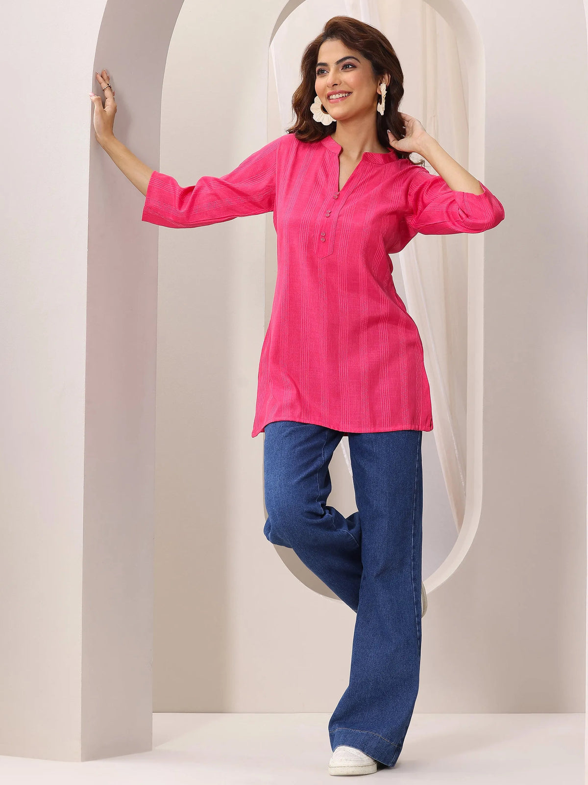 Libas Pink Woven Design Cotton Blend Straight Short Kurti