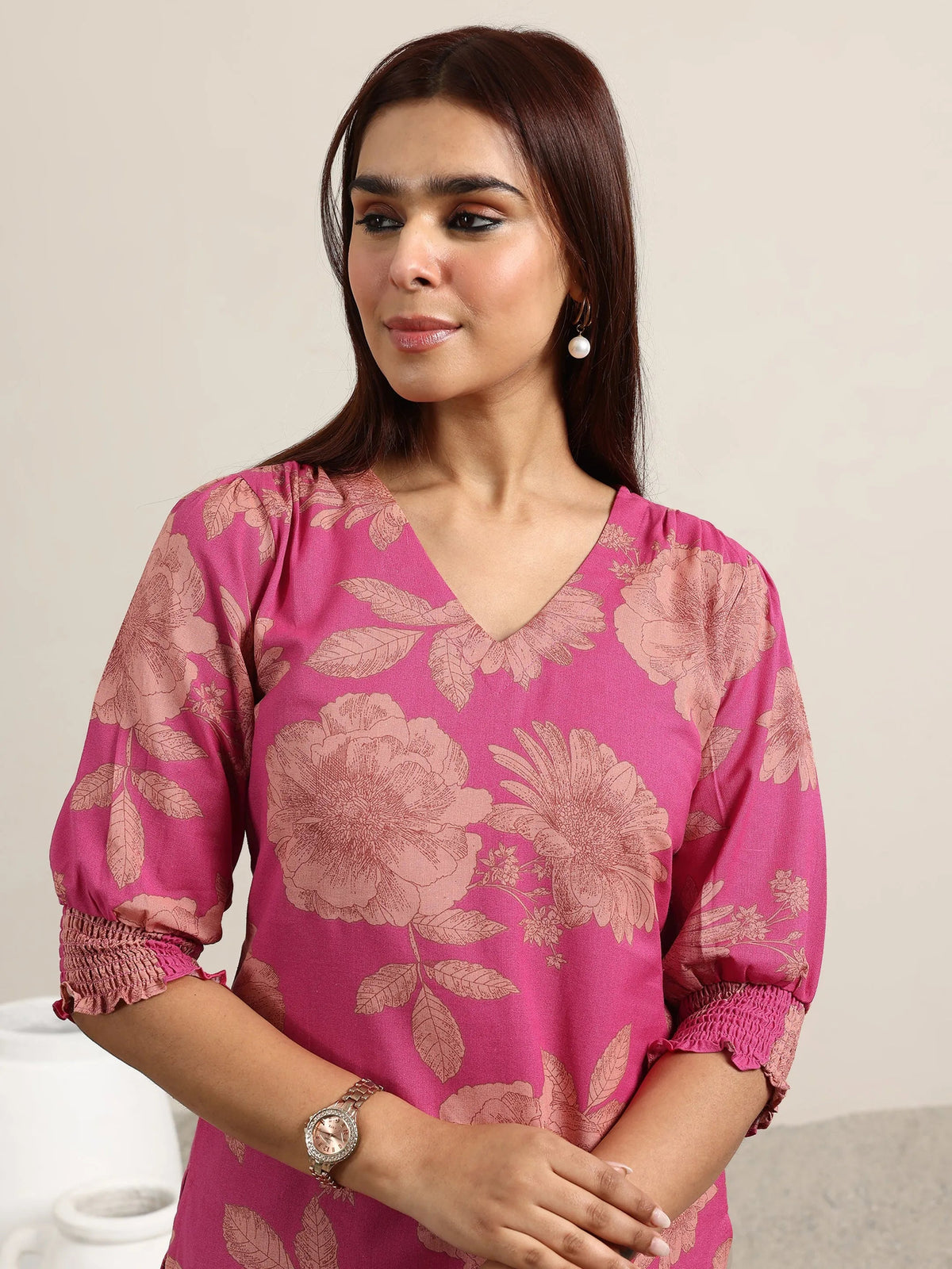 Libas Pink Printed Cotton Straight Kurti