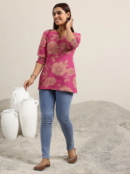 Libas Pink Printed Cotton Straight Kurti