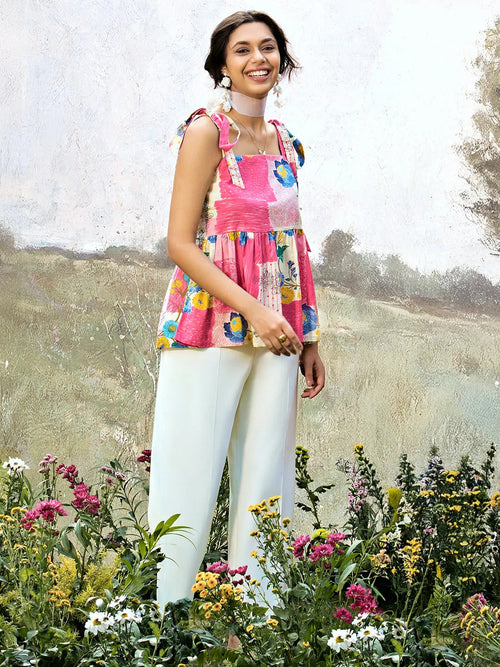 Libas Pink Printed Cotton Anarkali Short Kurti
