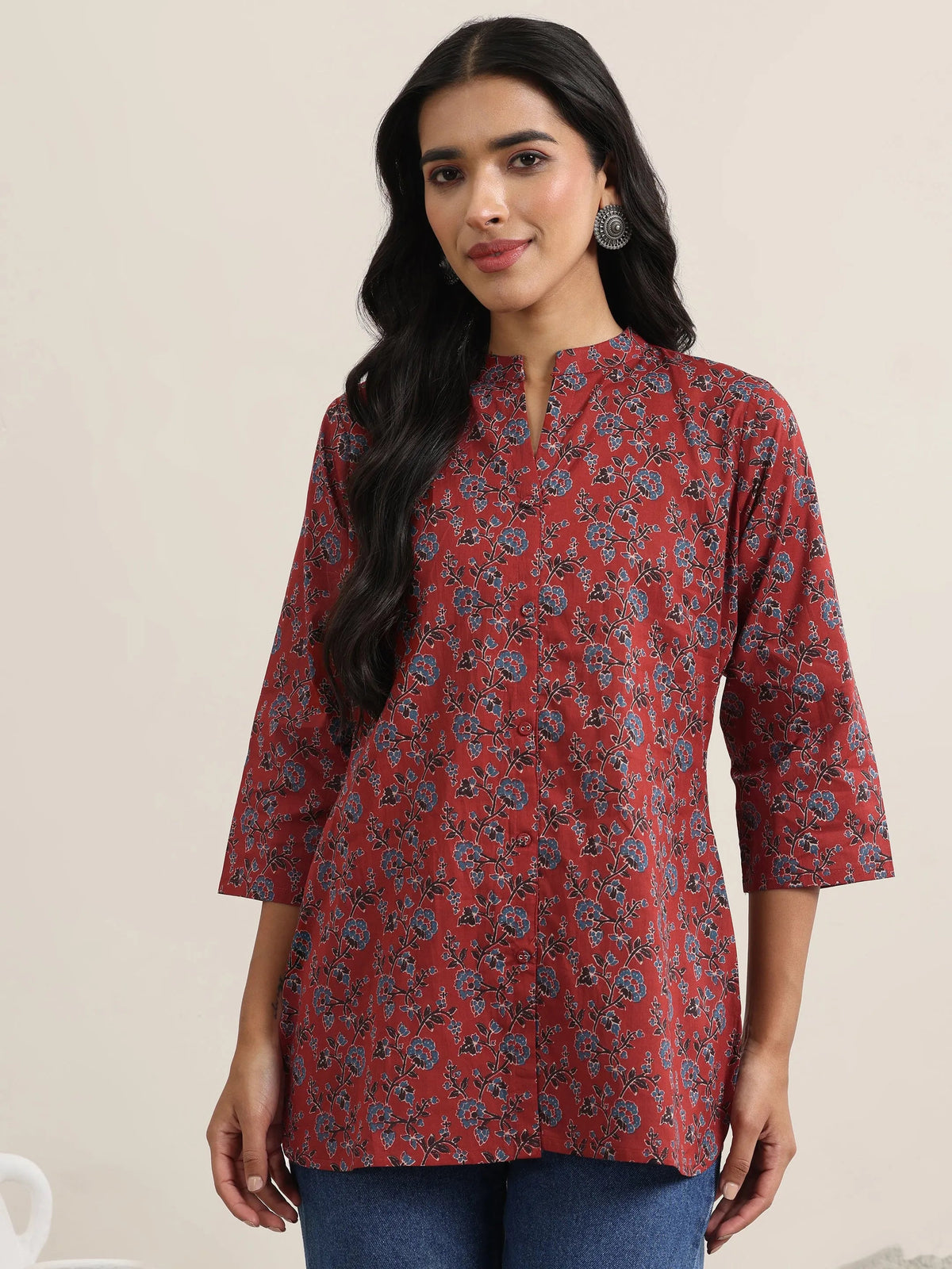 Libas Maroon Printed Cotton Straight Kurti