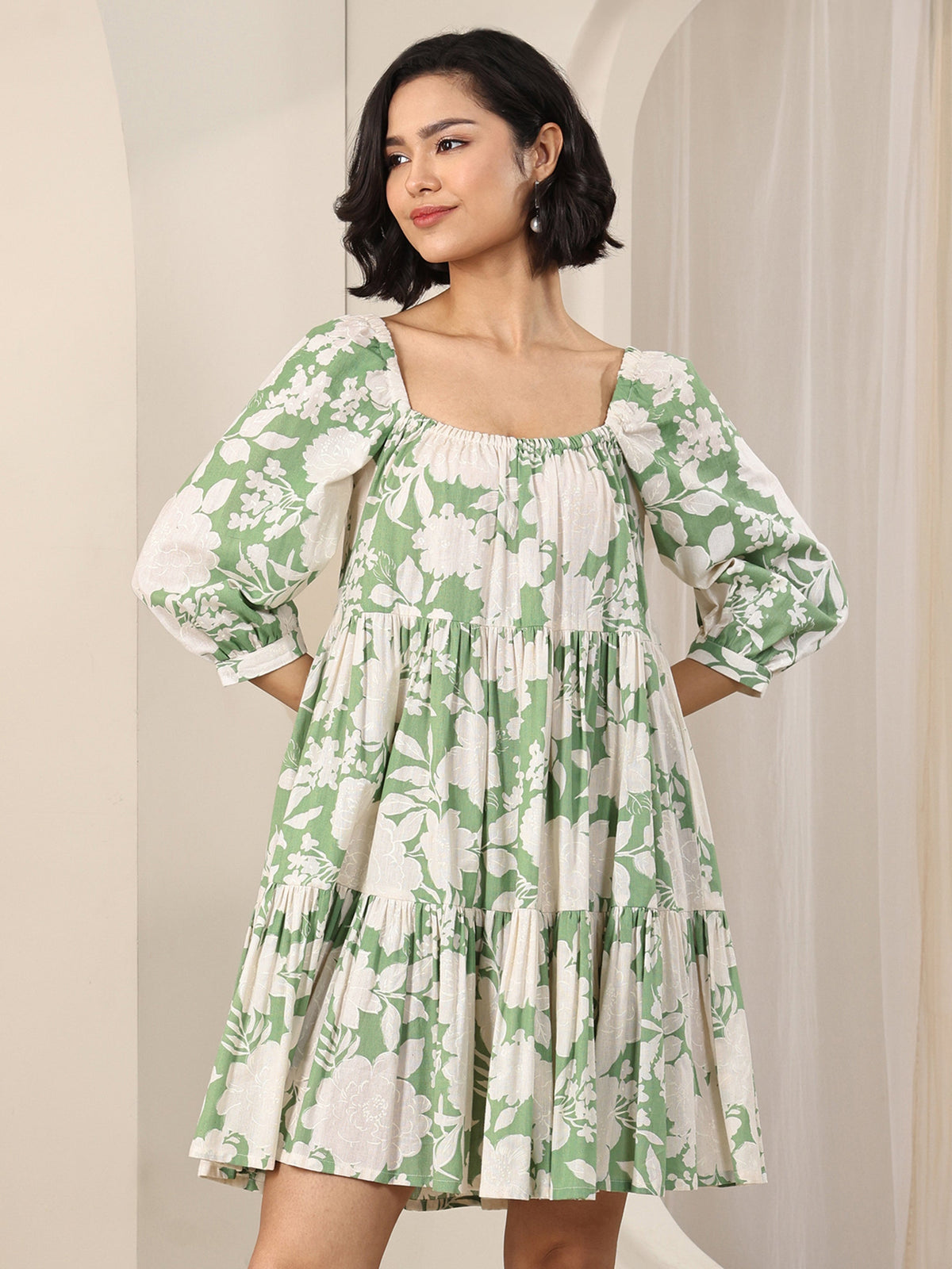 Gerua Green Printed Cotton Blend A-Line One Piece Dress