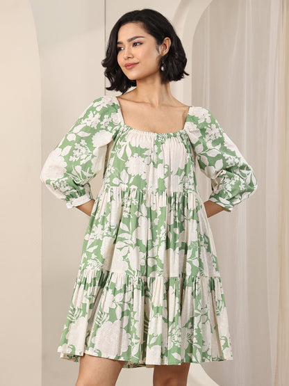 Gerua Green Printed Cotton Blend A-Line One Piece Dress