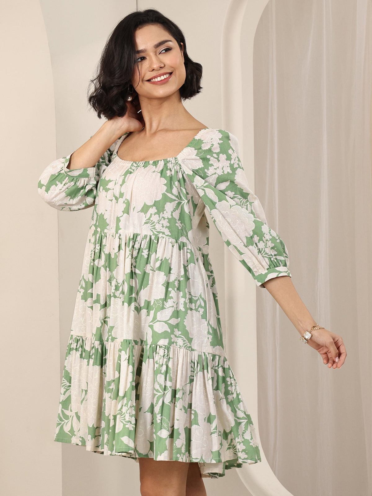 Gerua Green Printed Cotton Blend A-Line One Piece Dress