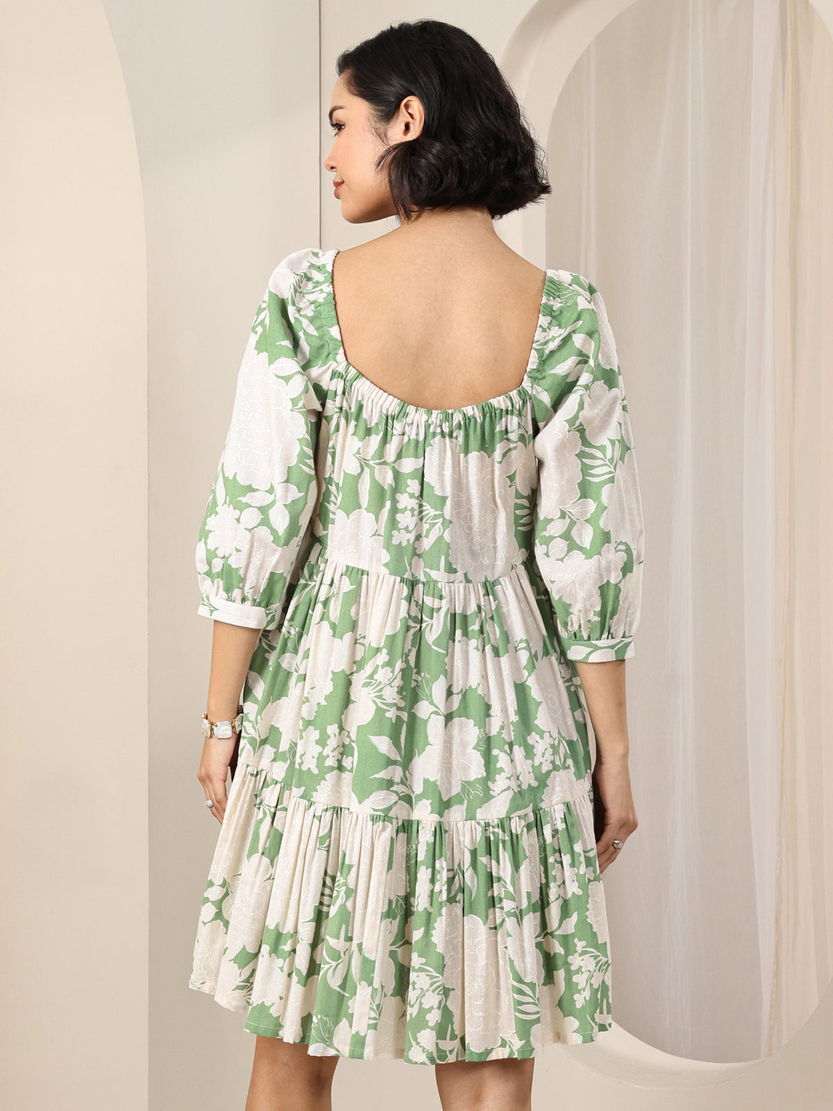 Gerua Green Printed Cotton Blend A-Line One Piece Dress
