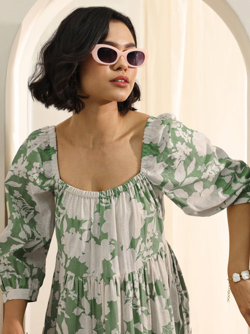 Gerua Green Printed Cotton Blend A-Line One Piece Dress
