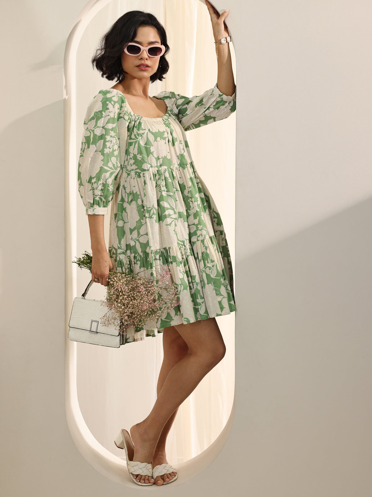 Gerua Green Printed Cotton Blend A-Line One Piece Dress