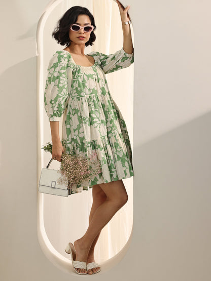 Gerua Green Printed Cotton Blend A-Line One Piece Dress