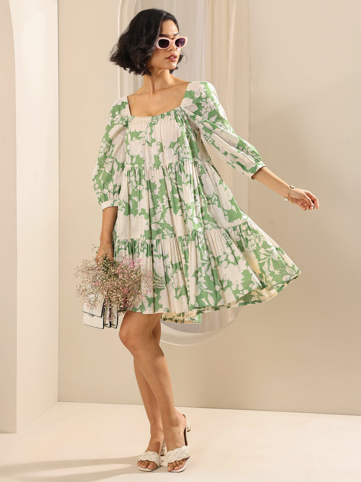Gerua Green Printed Cotton Blend A-Line One Piece Dress