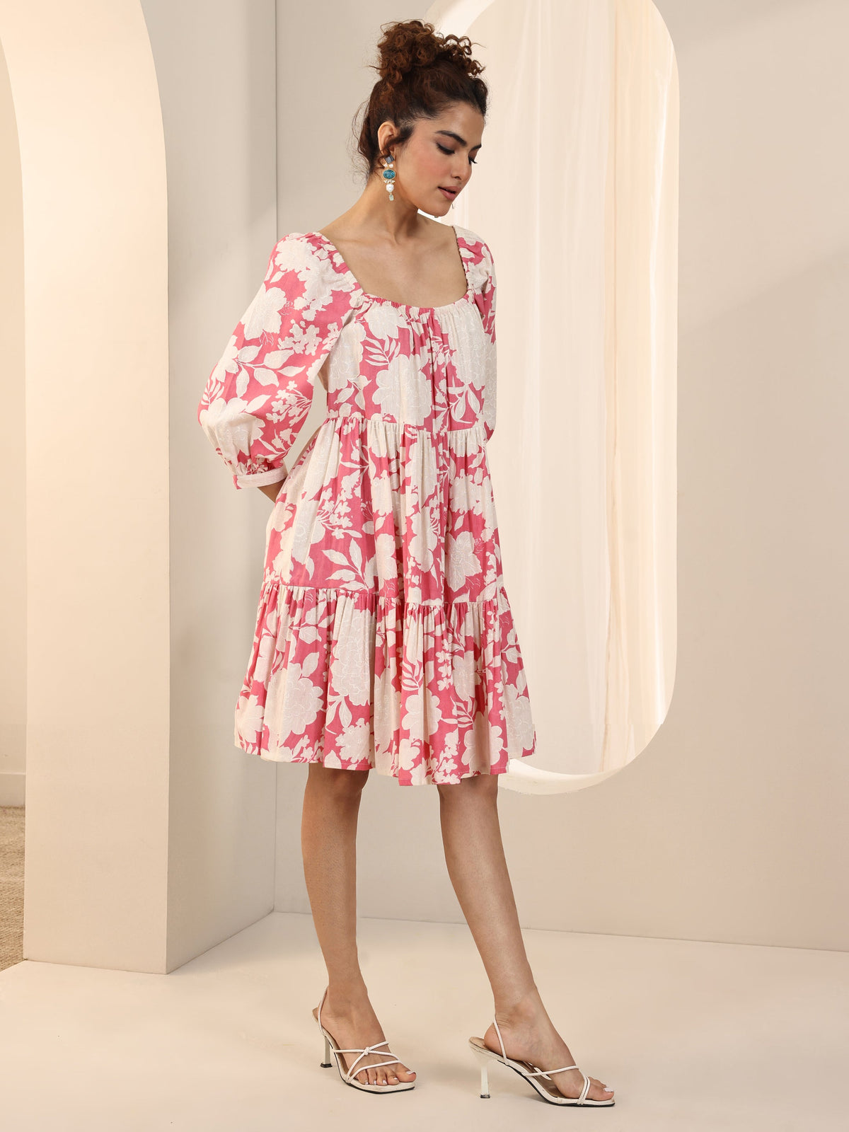 Gerua Coral Printed Cotton Blend A-Line One Piece Dress