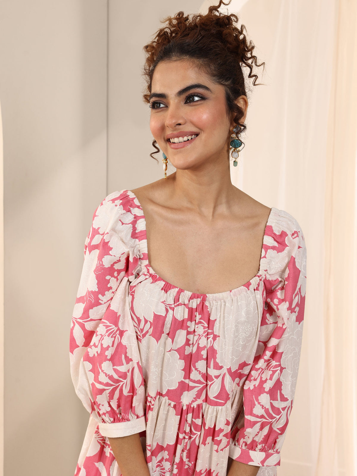 Gerua Coral Printed Cotton Blend A-Line One Piece Dress