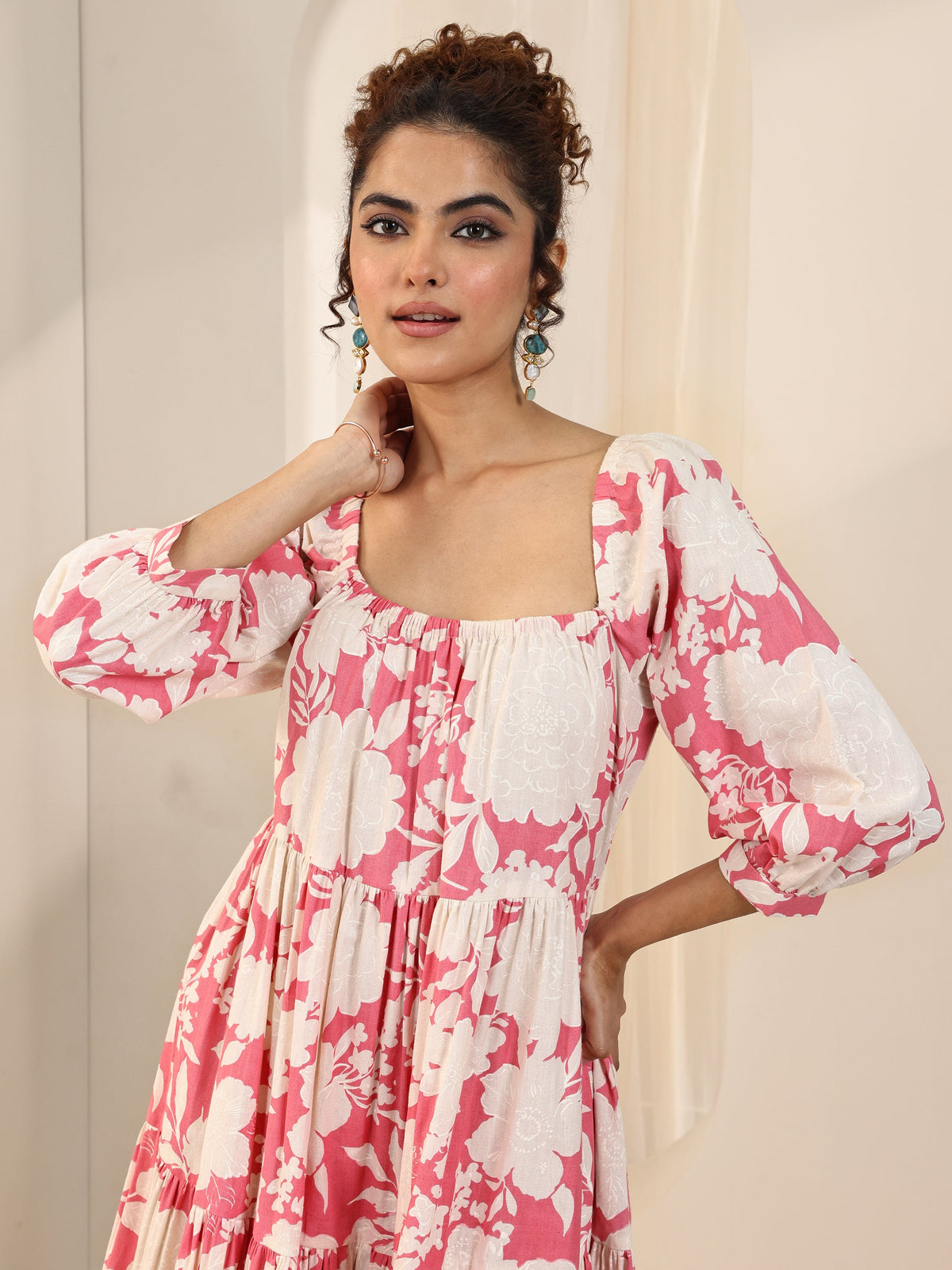 Gerua Coral Printed Cotton Blend A-Line One Piece Dress