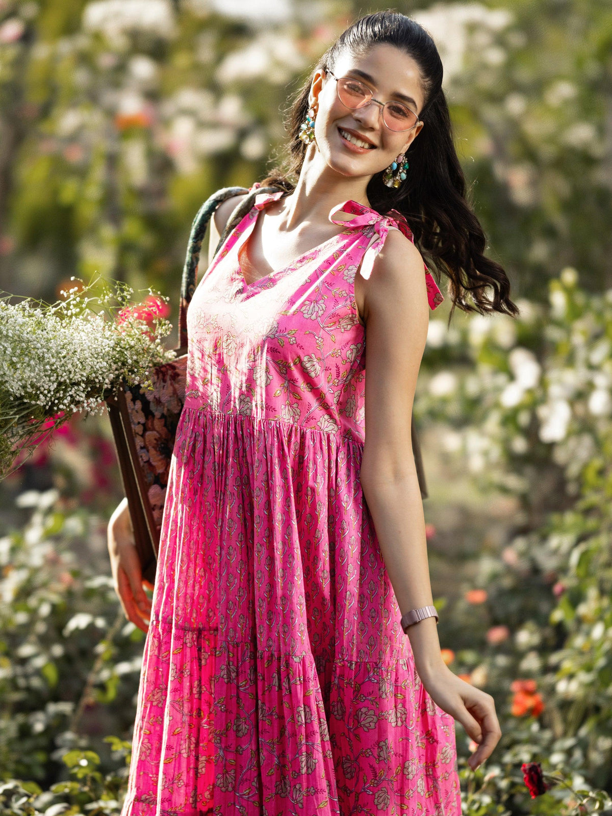 Libas Pink Printed Cotton Fit and Flare Dress