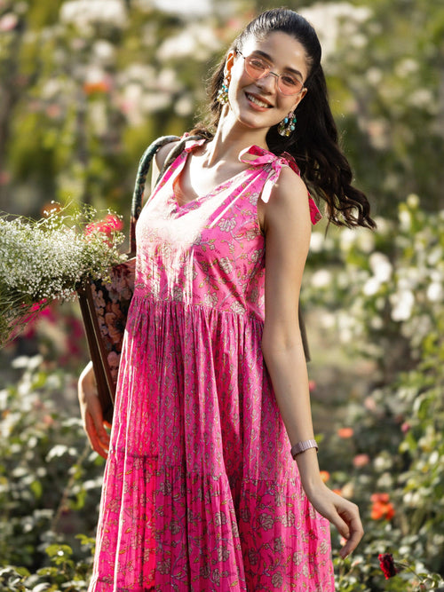 Libas Pink Printed Cotton Fit and Flare Dress