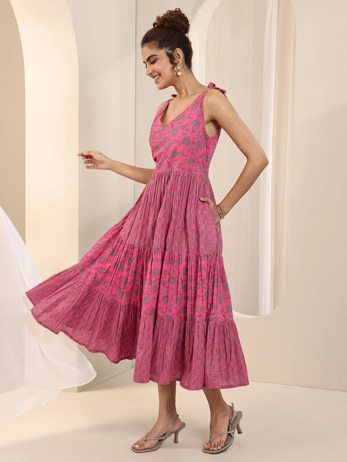 Libas Pink Printed Cotton Fit and Flare Dress
