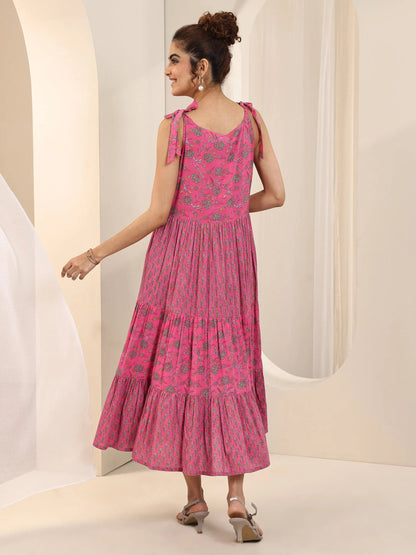Libas Pink Printed Cotton Fit and Flare Dress