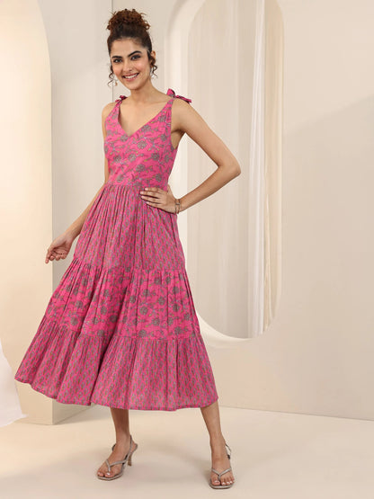 Libas Pink Printed Cotton Fit and Flare Dress