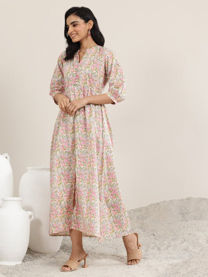 Libas Pink Printed Silk Blend A-Line One Piece Dress