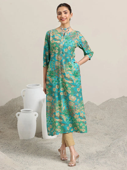 Libas Blue Printed Silk Blend Straight Kurta