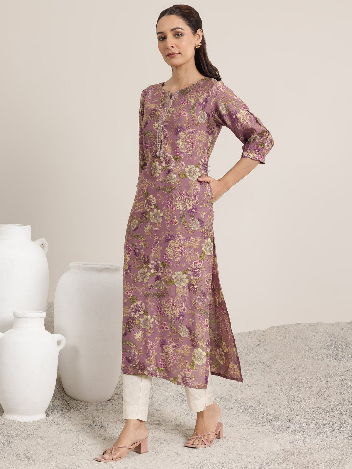 Libas Mauve Printed Silk Blend Straight Kurta