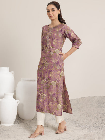 Libas Mauve Printed Silk Blend Straight Kurta