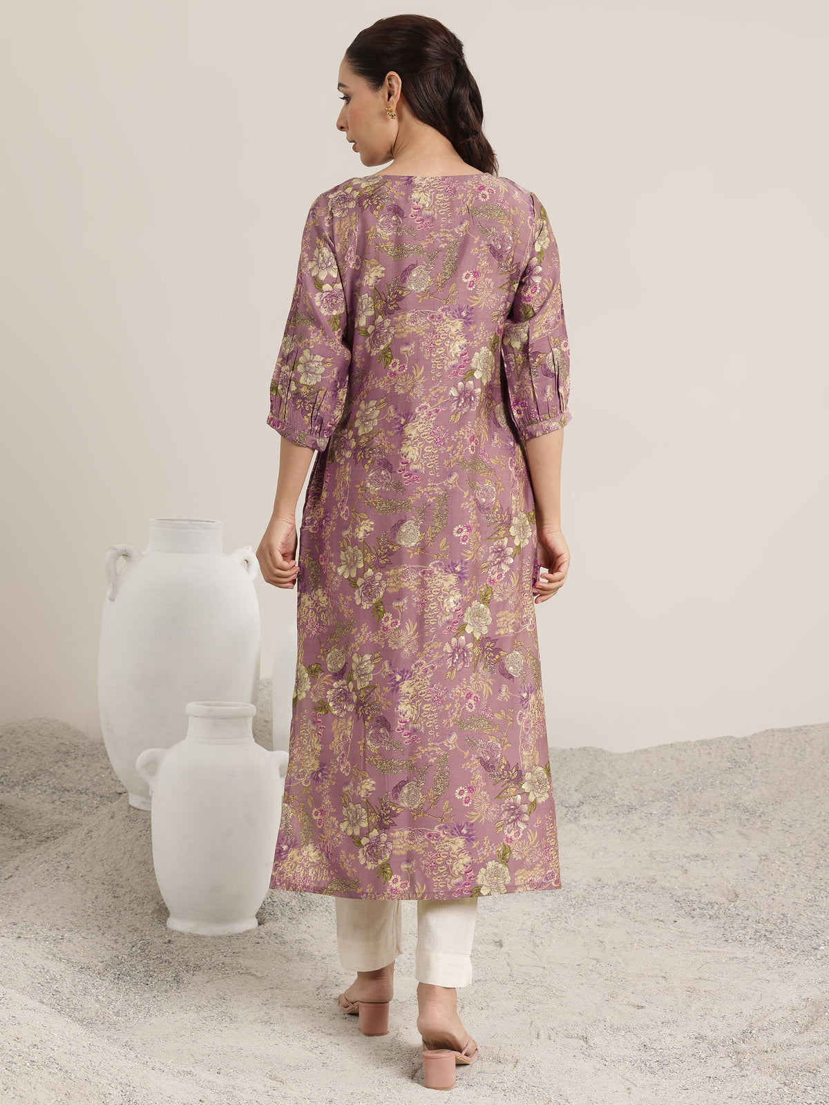 Libas Mauve Printed Silk Blend Straight Kurta