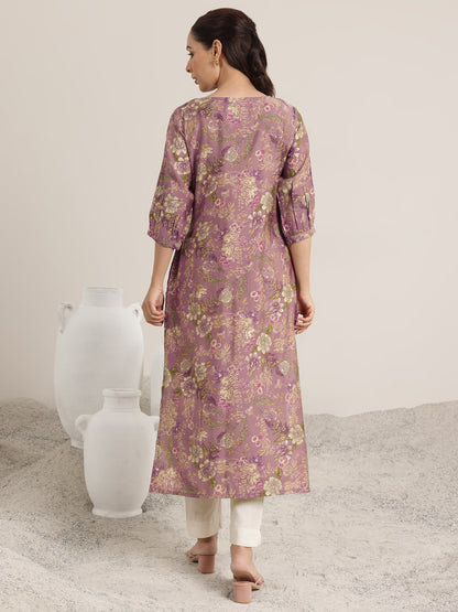 Libas Mauve Printed Silk Blend Straight Kurta