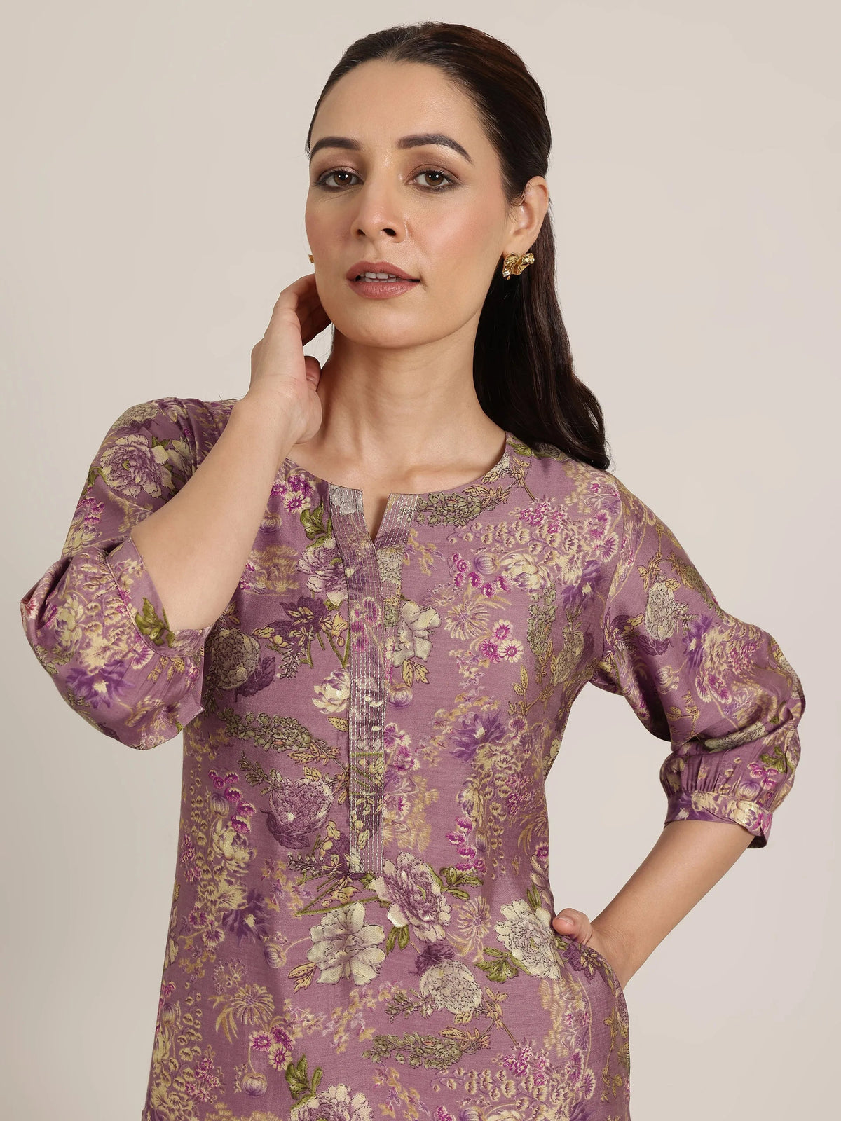 Libas Mauve Printed Silk Blend Straight Kurta