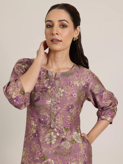 Libas Mauve Printed Silk Blend Straight Kurta