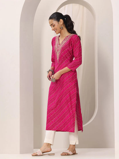 Libas Pink Printed Silk Blend Straight Kurta