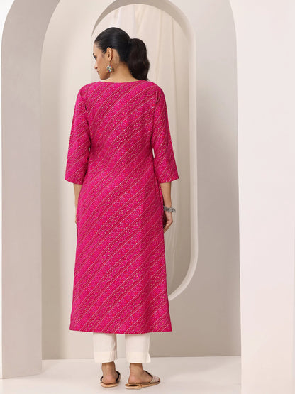 Libas Pink Printed Silk Blend Straight Kurta