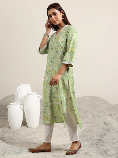 Gerua Green Printed Cotton Blend Straight Kurta