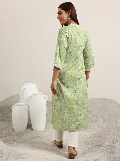 Gerua Green Printed Cotton Blend Straight Kurta