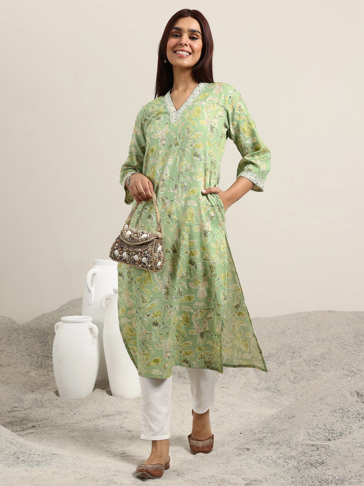 Gerua Green Printed Cotton Blend Straight Kurta