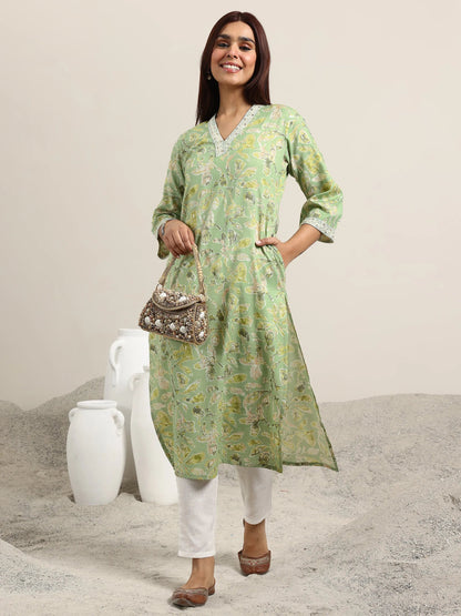 Gerua Green Printed Cotton Blend Straight Kurta