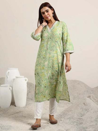 Gerua Green Printed Cotton Blend Straight Kurta