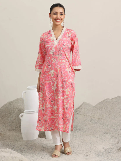 Gerua Pink Printed Cotton Blend Straight Kurta