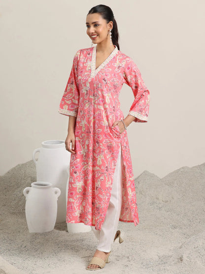 Gerua Pink Printed Cotton Blend Straight Kurta