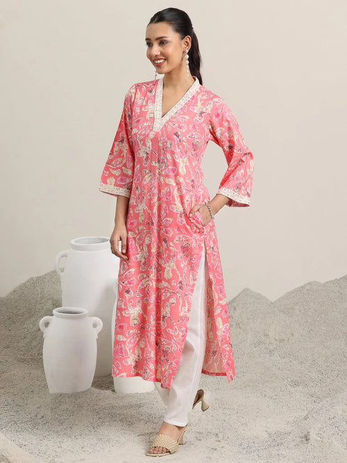 Gerua Pink Printed Cotton Blend Straight Kurta