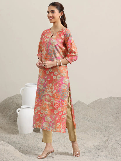Libas Peach Printed Silk Blend Straight Kurta