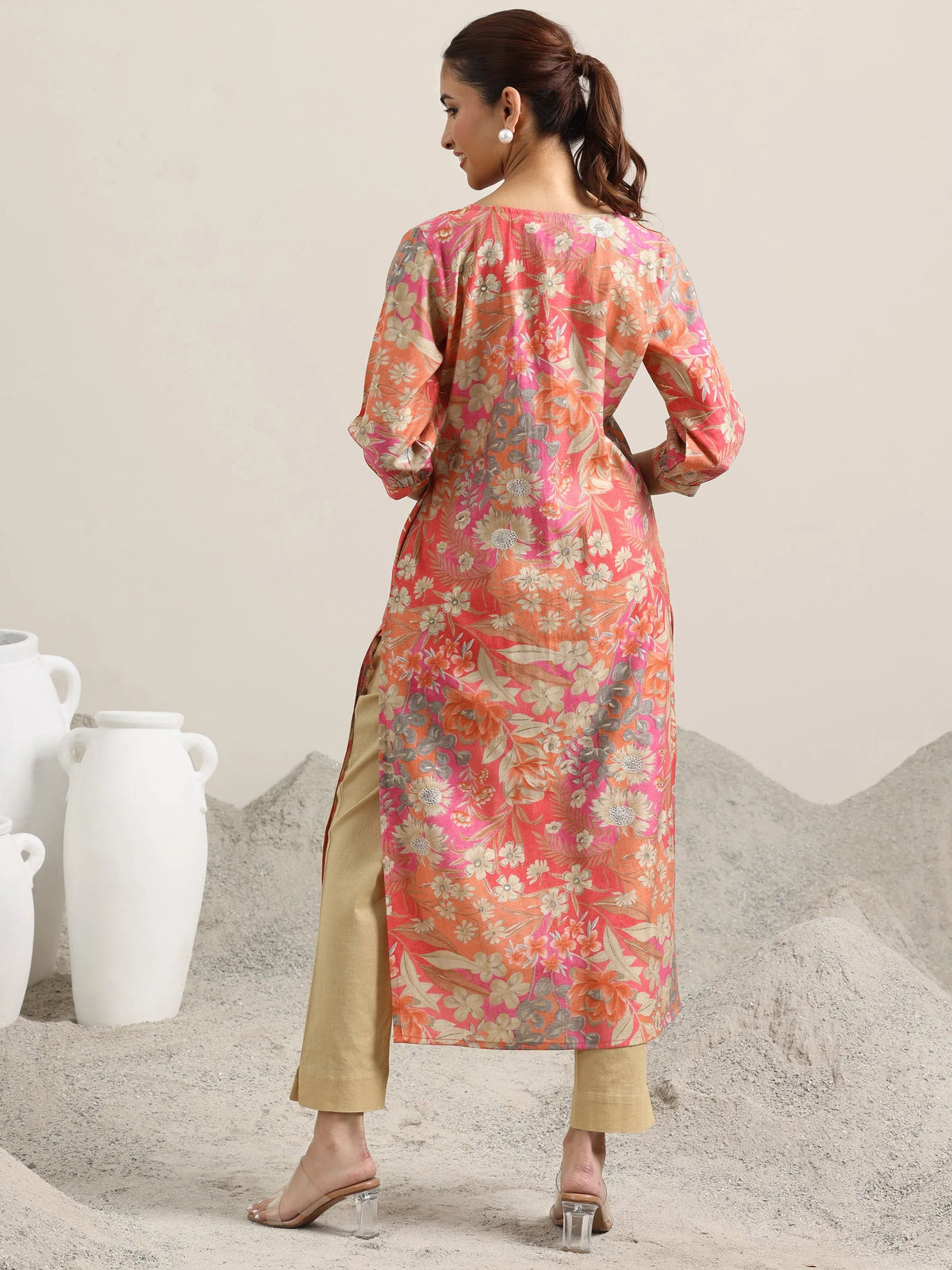 Libas Peach Printed Silk Blend Straight Kurta