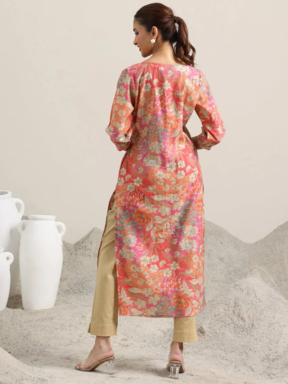Libas Peach Printed Silk Blend Straight Kurta