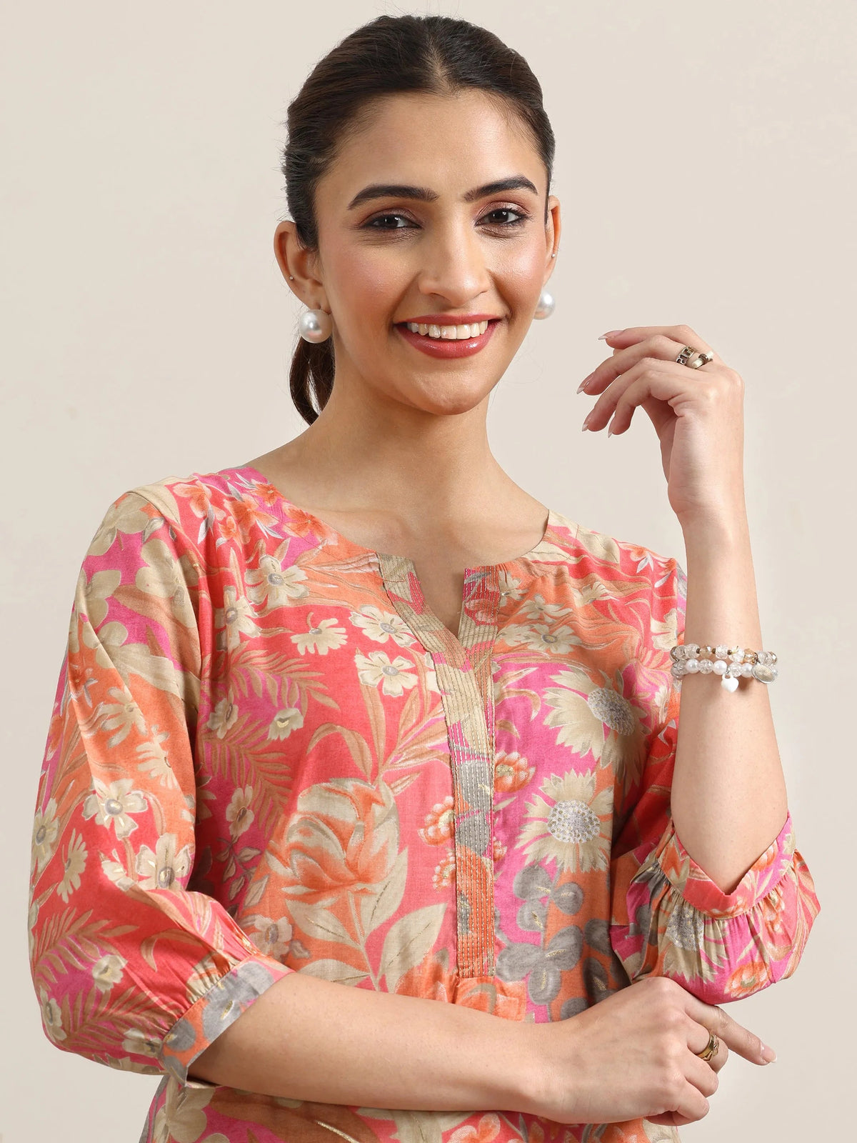 Libas Peach Printed Silk Blend Straight Kurta