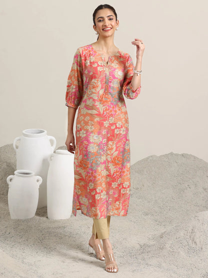 Libas Peach Printed Silk Blend Straight Kurta
