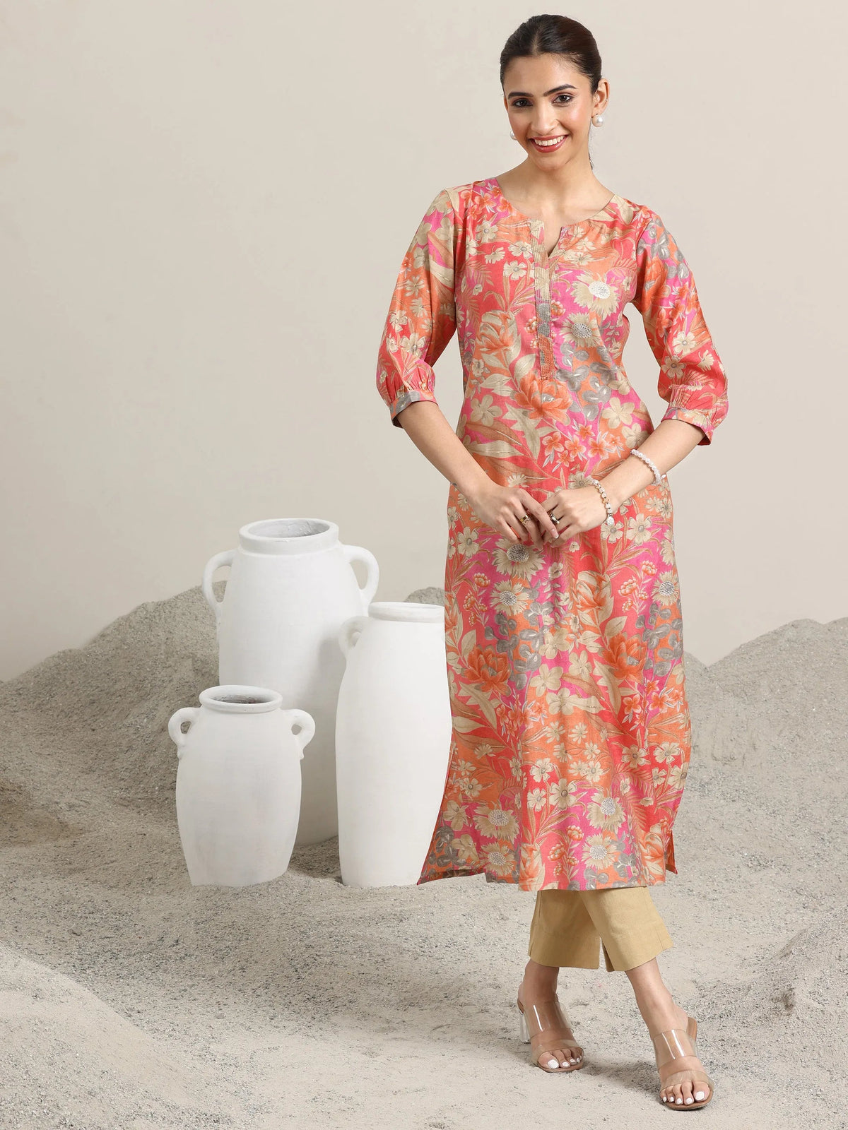 Libas Peach Printed Silk Blend Straight Kurta