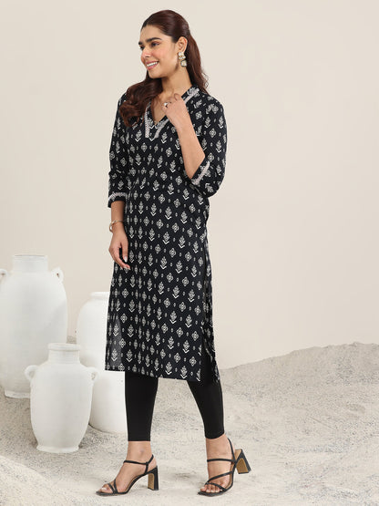 Libas Black Printed Cotton Straight Kurta