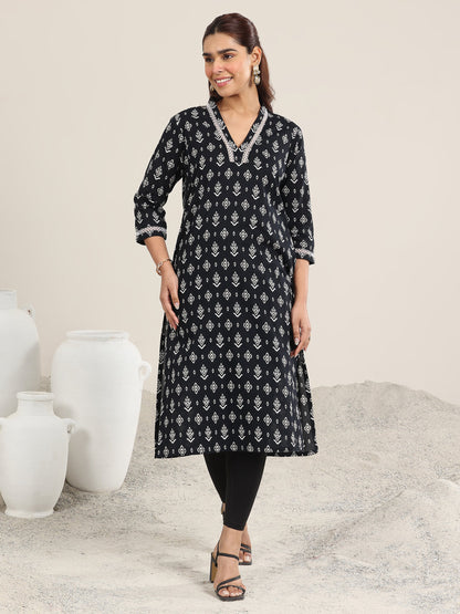 Libas Black Printed Cotton Straight Kurta