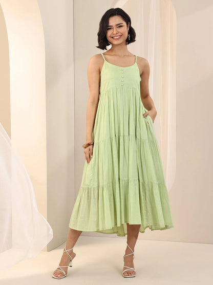 Libas Green Solid Cotton Tiered Fit and Flare One Piece Dress