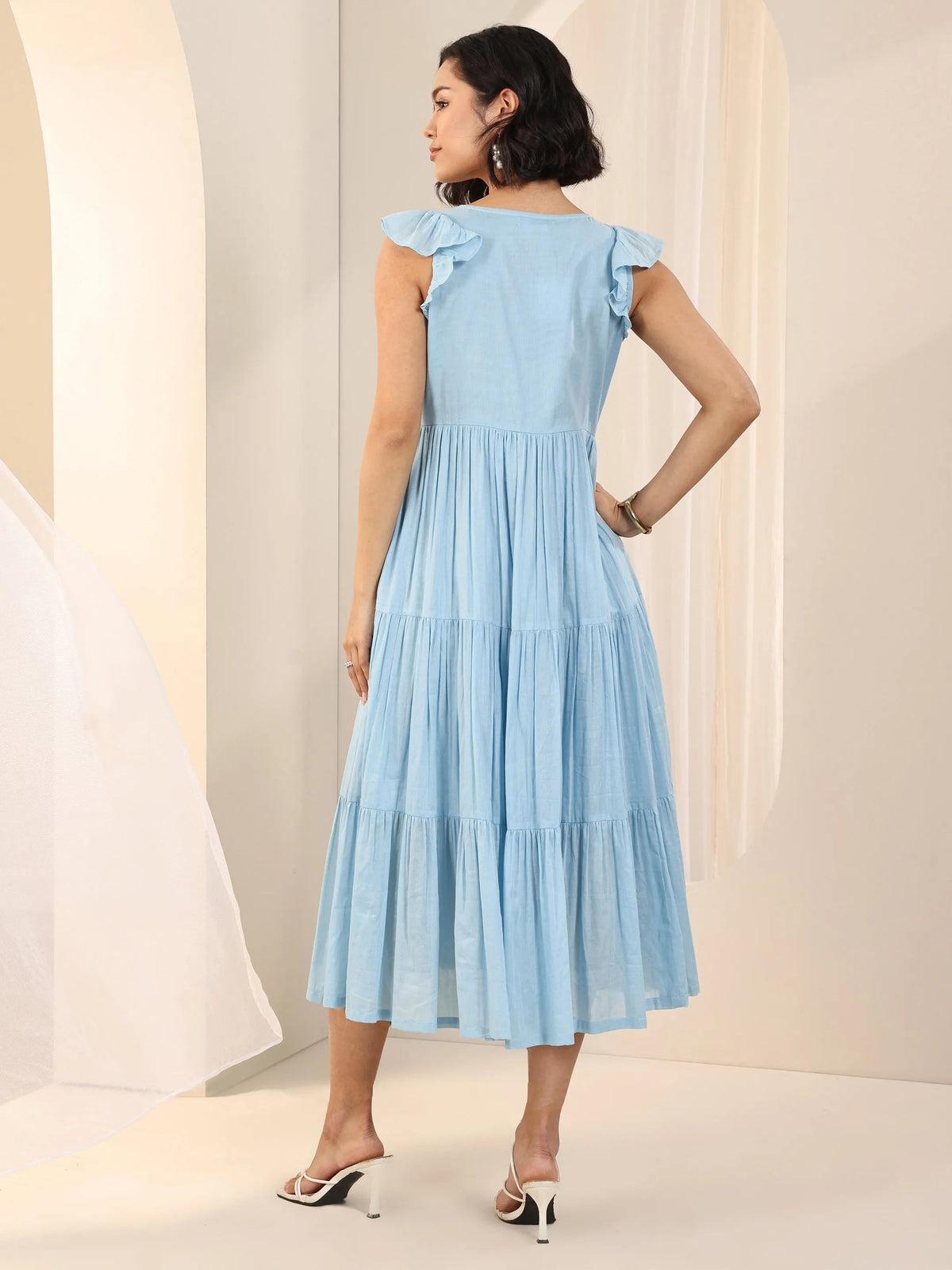 Libas Blue Solid Cotton Fit and Flare One Piece Dress