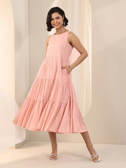 Libas Peach Solid Cotton Fit and Flare One Piece Dress